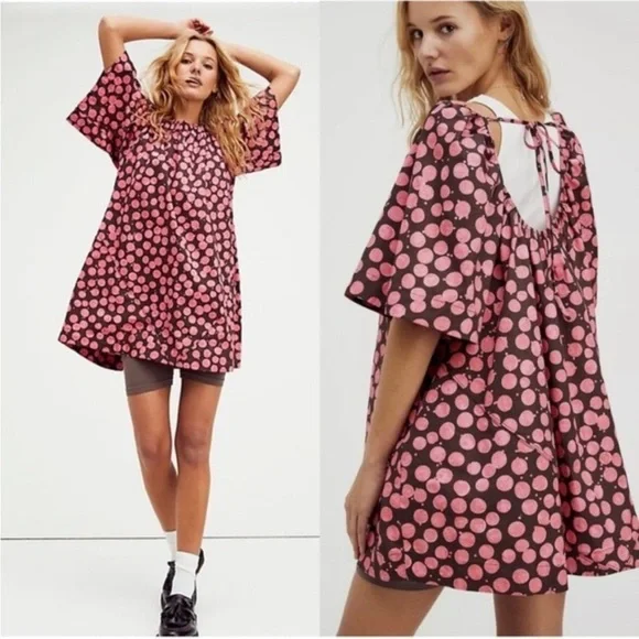 Free People Jodie Printed Tunic Small Chocolate Pink Dot Flowy Oversized - Picture 1 of 13
